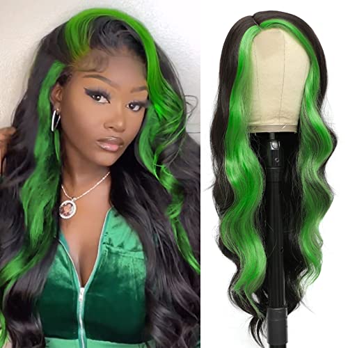 xccoco 30" Long Wavy Highlight Wigs Skunk Stripe Body Wave Synthetic Lace Wig Side Part Black Wig with Green Streaks Highlighted Wig for Women - Image 1