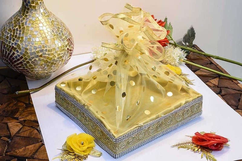 3A FEATURETAIL 42Inch Width 10Mtr Solid Golden Dotted Net Fabric For Decoration, Fruit/Dryfruit/Gift Packing & Trousseau Tray Packing (Golden, 10 Mtr) - Image 3