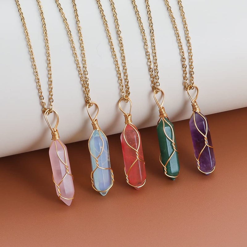 Lezam 5 Pcs Natural Hexagonal Crystal Necklace for Women Reiki Healing Crystals Pendant with Tree Wire Wrapped Gemstone Quartz Stone Pendants Necklaces - Image 2