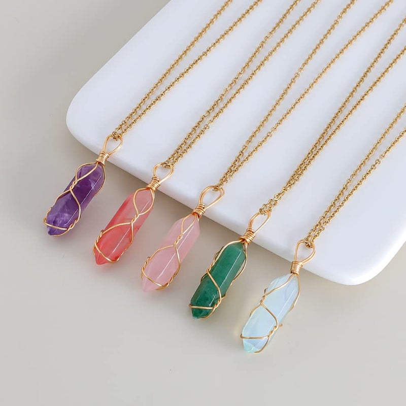 Lezam 5 Pcs Natural Hexagonal Crystal Necklace for Women Reiki Healing Crystals Pendant with Tree Wire Wrapped Gemstone Quartz Stone Pendants Necklaces - Image 4