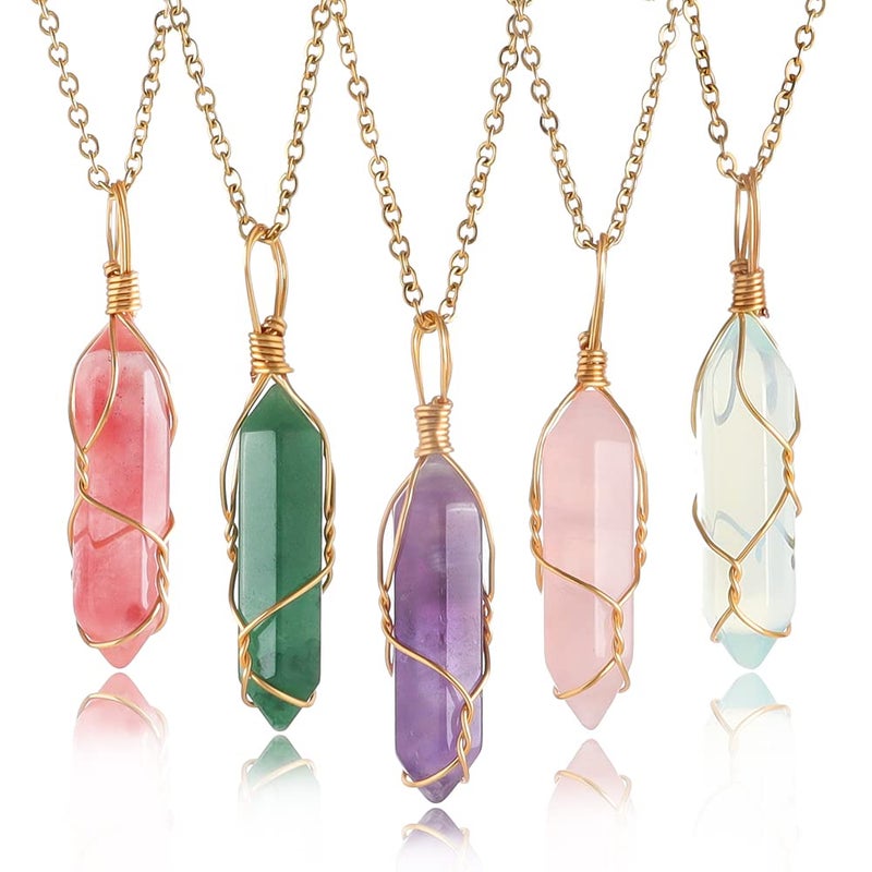 Lezam 5 Pcs Natural Hexagonal Crystal Necklace for Women Reiki Healing Crystals Pendant with Tree Wire Wrapped Gemstone Quartz Stone Pendants Necklaces - Image 1