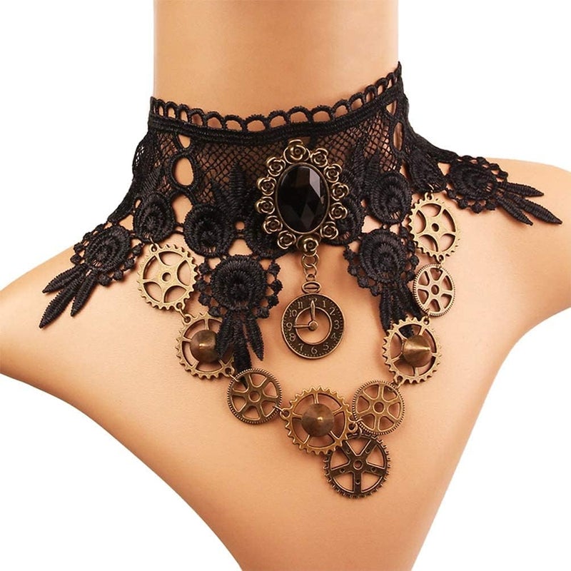 Excefore Venetian Masquerade Choker Necklace, Masquerade Costume Set, Costume Party Retro Gear Clock Women Gothic Black Lace Necklaces Halloween Punk Choker Pendant Pattern Gloves Set for Women - Image 2
