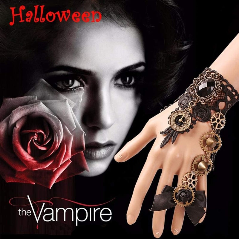 Excefore Venetian Masquerade Choker Necklace, Masquerade Costume Set, Costume Party Retro Gear Clock Women Gothic Black Lace Necklaces Halloween Punk Choker Pendant Pattern Gloves Set for Women - Image 5