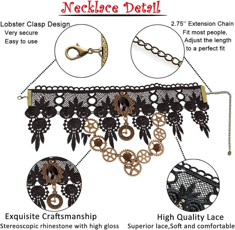 Excefore Venetian Masquerade Choker Necklace, Masquerade Costume Set, Costume Party Retro Gear Clock Women Gothic Black Lace Necklaces Halloween Punk Choker Pendant Pattern Gloves Set for Women - Image 3