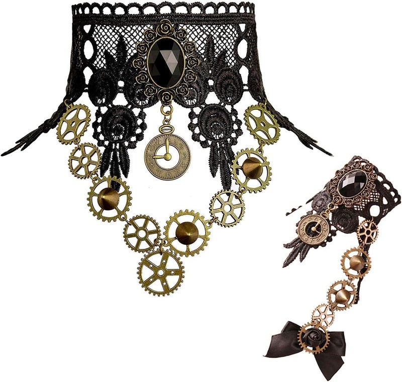 Excefore Venetian Masquerade Choker Necklace, Masquerade Costume Set, Costume Party Retro Gear Clock Women Gothic Black Lace Necklaces Halloween Punk Choker Pendant Pattern Gloves Set for Women - Image 1