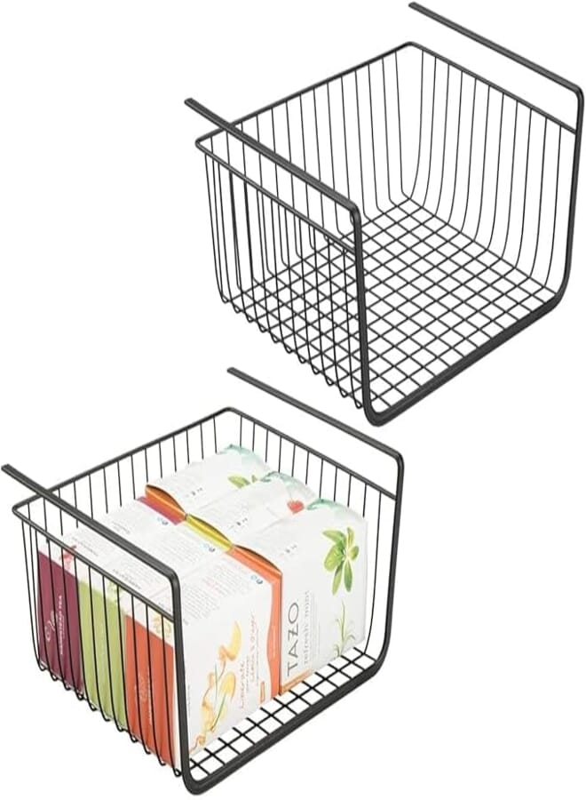 Metal Under Shelf Basket for Kitchen Storage - Wire Farmhouse Sliding Bin Basket for Pantry - Large Open Front Organizer for Food, Drinks, Snacks - Black