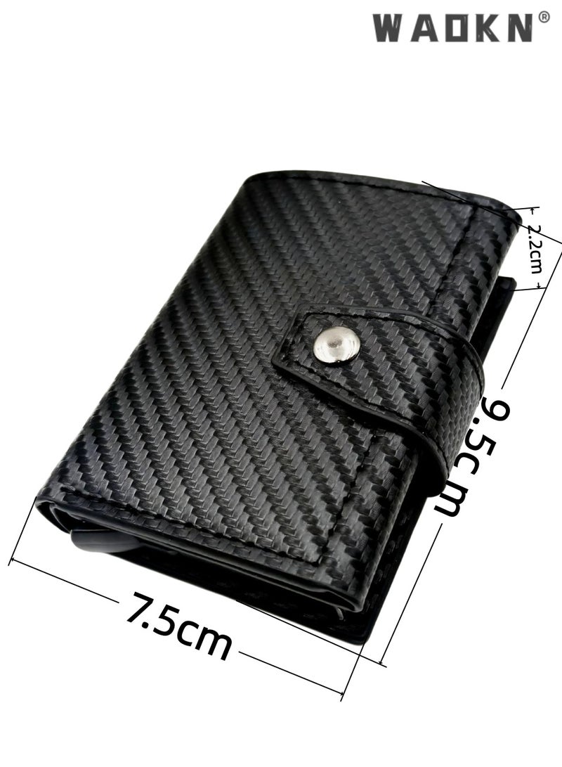 WAOKN Unisex Multifunctional Carbon Fiber Wallet, Credit Card Holder, Metal RFID Blocking Card Sleeve,Automatic Card Dispenser Vintage Aluminium Box PU Leather for Slim Wallet,  Credit Card Holder Multiple Wallet，For Men women  Business Travel,black - Image 3