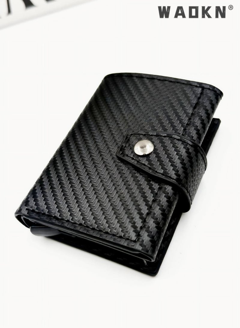 WAOKN Unisex Multifunctional Carbon Fiber Wallet, Credit Card Holder, Metal RFID Blocking Card Sleeve,Automatic Card Dispenser Vintage Aluminium Box PU Leather for Slim Wallet,  Credit Card Holder Multiple Wallet，For Men women  Business Travel,black - Image 1