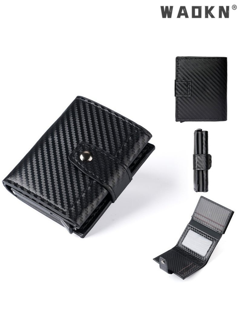 WAOKN Unisex Multifunctional Carbon Fiber Wallet, Credit Card Holder, Metal RFID Blocking Card Sleeve,Automatic Card Dispenser Vintage Aluminium Box PU Leather for Slim Wallet,  Credit Card Holder Multiple Wallet，For Men women  Business Travel,black - Image 2