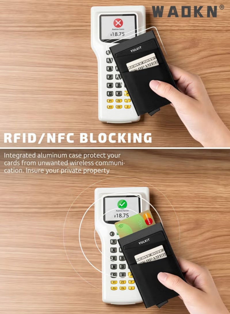 WAOKN Unisex Multifunctional Carbon Fiber Wallet, Credit Card Holder, Metal RFID Blocking Card Sleeve,Automatic Card Dispenser Vintage Aluminium Box PU Leather for Slim Wallet,  Credit Card Holder Multiple Wallet，For Men women  Business Travel,black - Image 5
