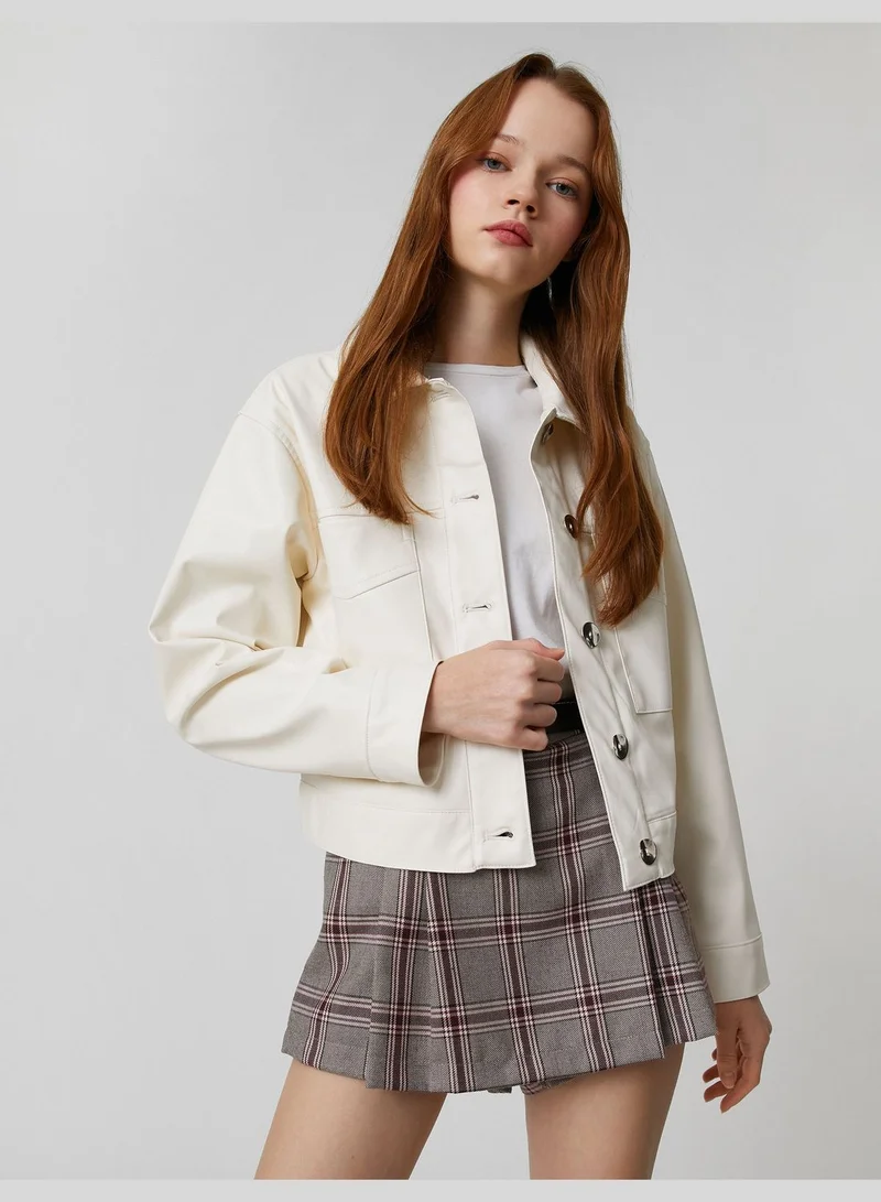 كوتون Faux Leather Button Pocket Detail Jacket
