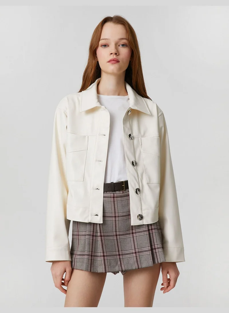 كوتون Faux Leather Button Pocket Detail Jacket