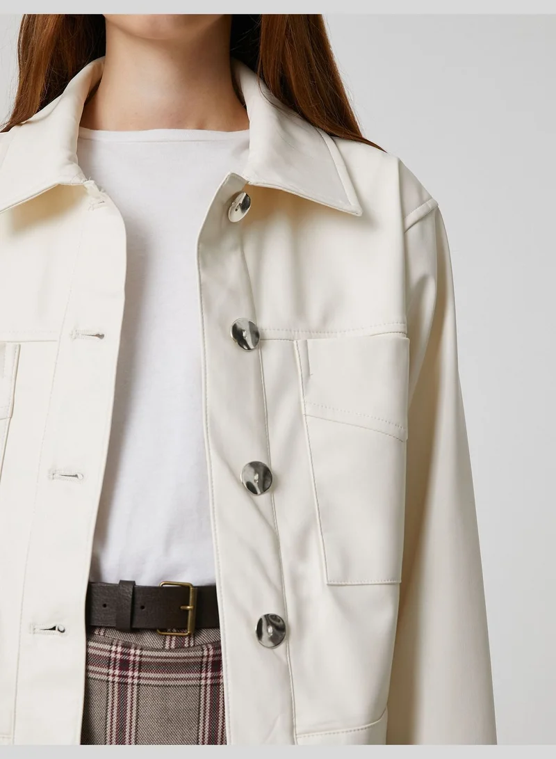 كوتون Faux Leather Button Pocket Detail Jacket