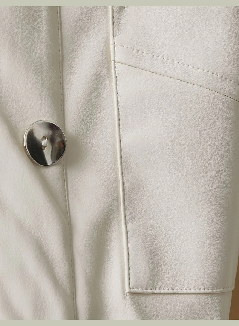 كوتون Faux Leather Button Pocket Detail Jacket
