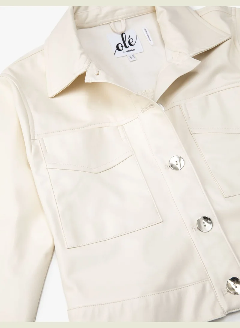 كوتون Faux Leather Button Pocket Detail Jacket