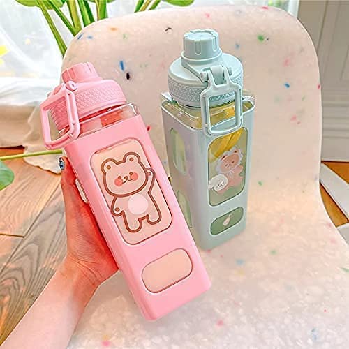 WEZOSHINET Large Kawaii Water Bottle With Straw Stickers Cute Aesthetic Bottle Kawaii Milk Bottle Tea Cup Juice Shaker Portable Plastic Sport Square Shape Drinking Bottle 700Ml Multicolor - Image 2
