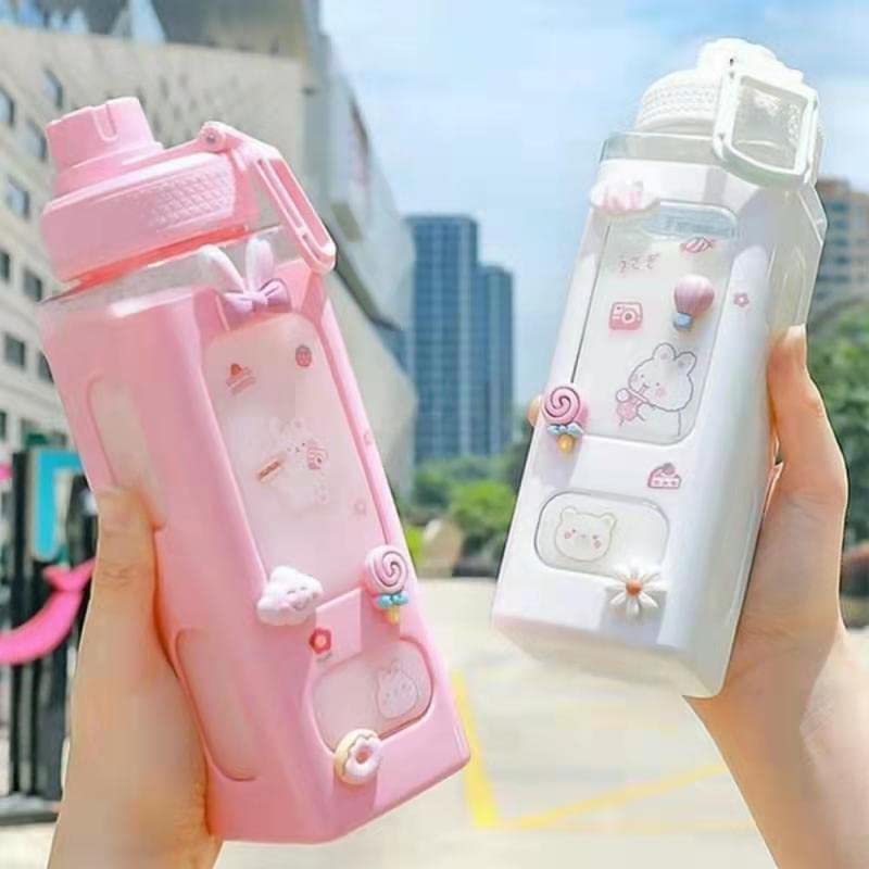 WEZOSHINET Large Kawaii Water Bottle With Straw Stickers Cute Aesthetic Bottle Kawaii Milk Bottle Tea Cup Juice Shaker Portable Plastic Sport Square Shape Drinking Bottle 700Ml Multicolor - Image 1