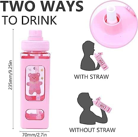 WEZOSHINET Large Kawaii Water Bottle With Straw Stickers Cute Aesthetic Bottle Kawaii Milk Bottle Tea Cup Juice Shaker Portable Plastic Sport Square Shape Drinking Bottle 700Ml Multicolor - Image 4