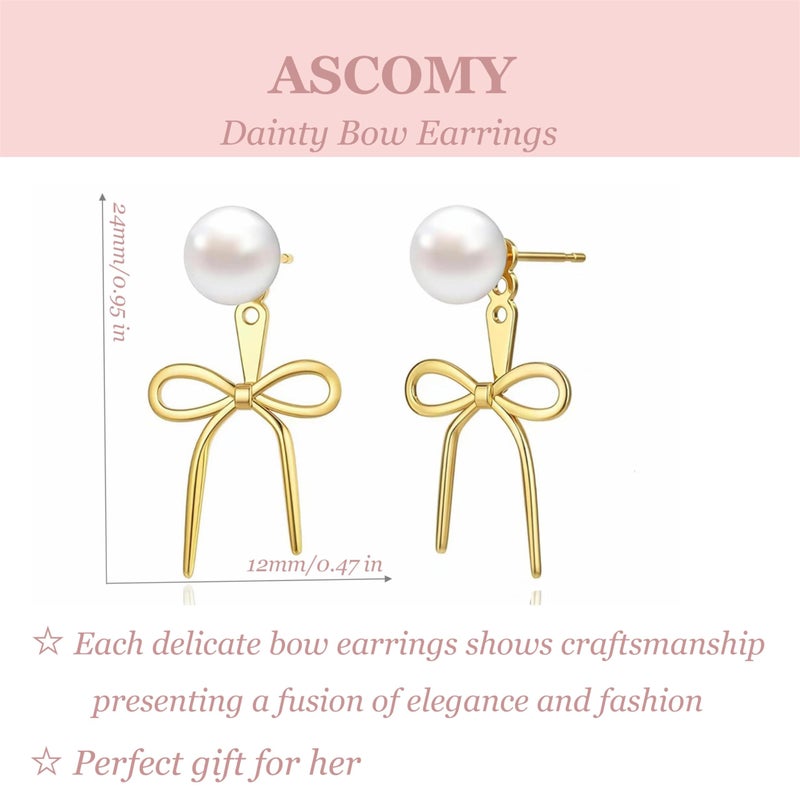 ASCOMY Gold Stud Earrings for Women Dainty Bow Earrings 14K Gold Plated Bow Stud Earrings for Women Trendy Cute Pearl Bows Studs Earring Ribbon Earrings Minimalist Jewelry Gifts for Her - Image 5