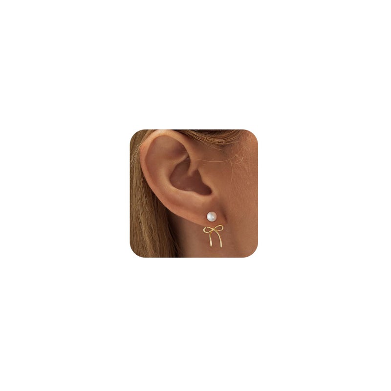 ASCOMY Gold Stud Earrings for Women Dainty Bow Earrings 14K Gold Plated Bow Stud Earrings for Women Trendy Cute Pearl Bows Studs Earring Ribbon Earrings Minimalist Jewelry Gifts for Her - Image 1