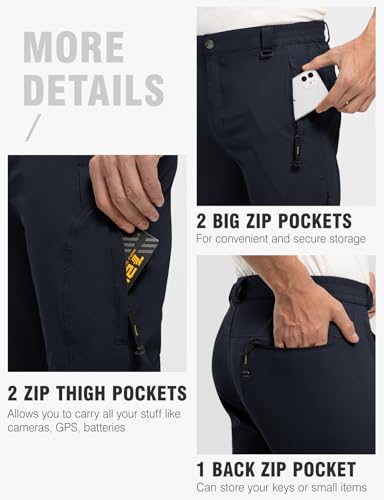 TBMPOY Men's Lightweight Hiking Pants with Belt 5 Zip Pockets Waterproof Quick-Dry Travel Fishing Work Outdoor Pants Thin Navy S - Image 5