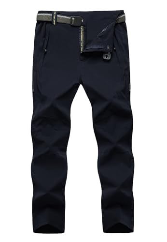 TBMPOY Men's Lightweight Hiking Pants with Belt 5 Zip Pockets Waterproof Quick-Dry Travel Fishing Work Outdoor Pants Thin Navy S - Image 1