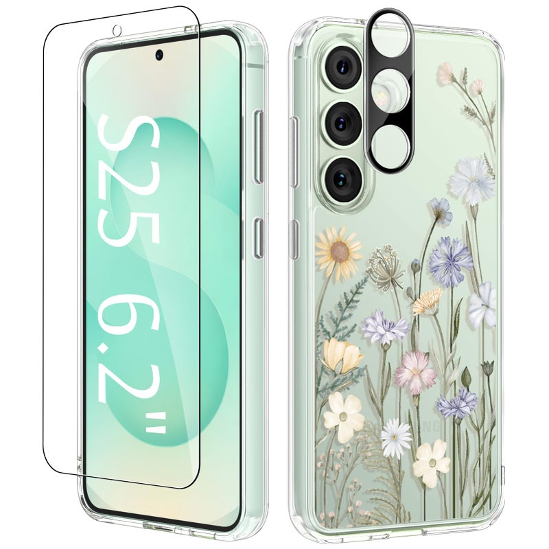 GVIEWIN Compatible with Samsung Galaxy S25 Case, Clear Floral Slim Shockproof Protective Women Phone Case, Non-Yellowing, with Screen Protector & Camera Lens Protector 6.2", Vibrant Spring - Image 1