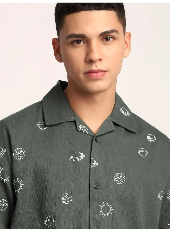 Beyoung Grey Galaxy Embroidered Half Sleeve Shirt