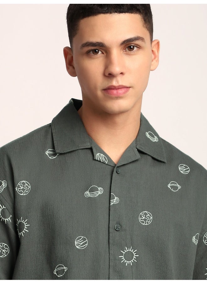Beyoung - Grey Galaxy Embroidered Half Sleeve Shirt - Image 1