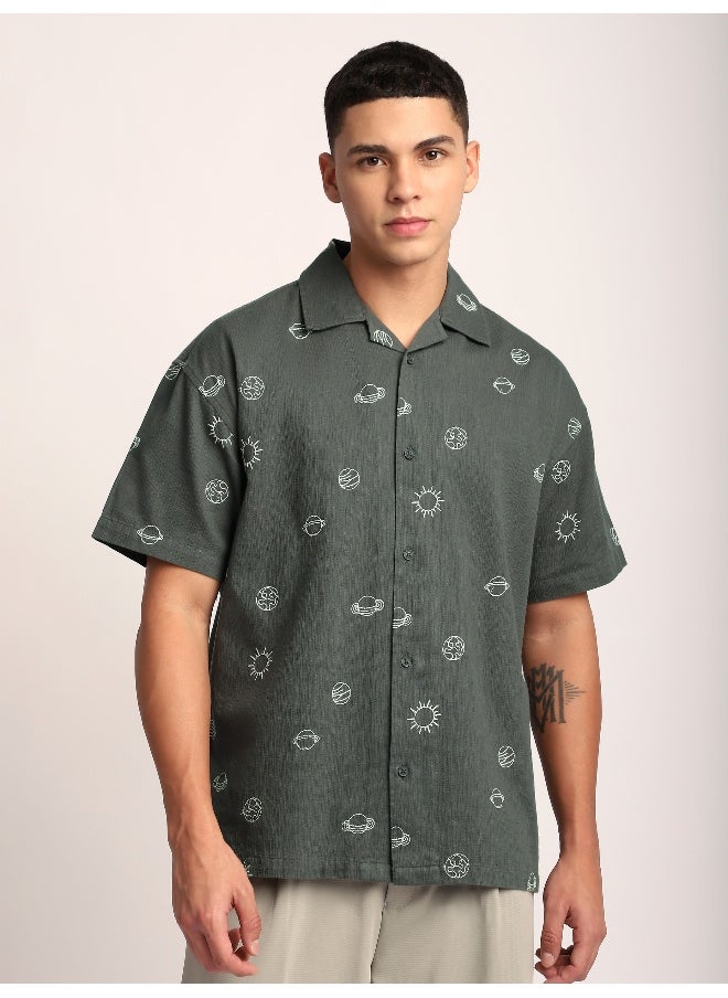 Beyoung - Grey Galaxy Embroidered Half Sleeve Shirt - Image 1