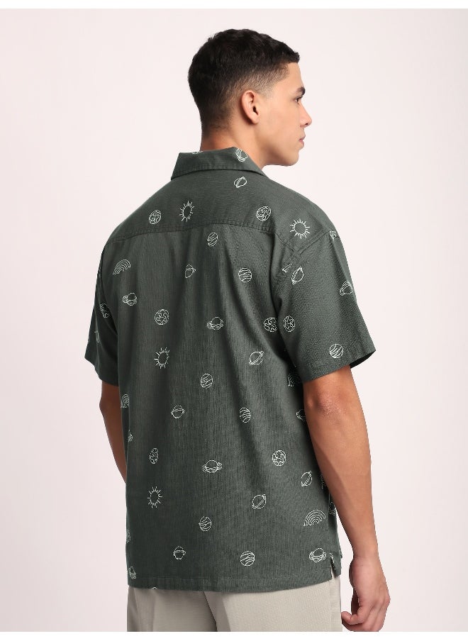 Beyoung - Grey Galaxy Embroidered Half Sleeve Shirt - Image 1