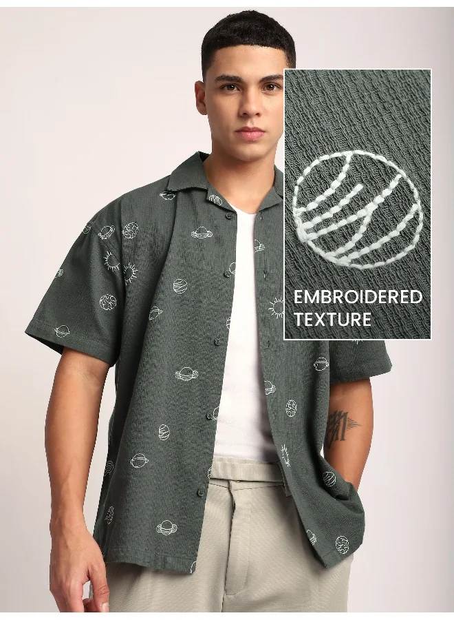 Beyoung Grey Galaxy Embroidered Half Sleeve Shirt