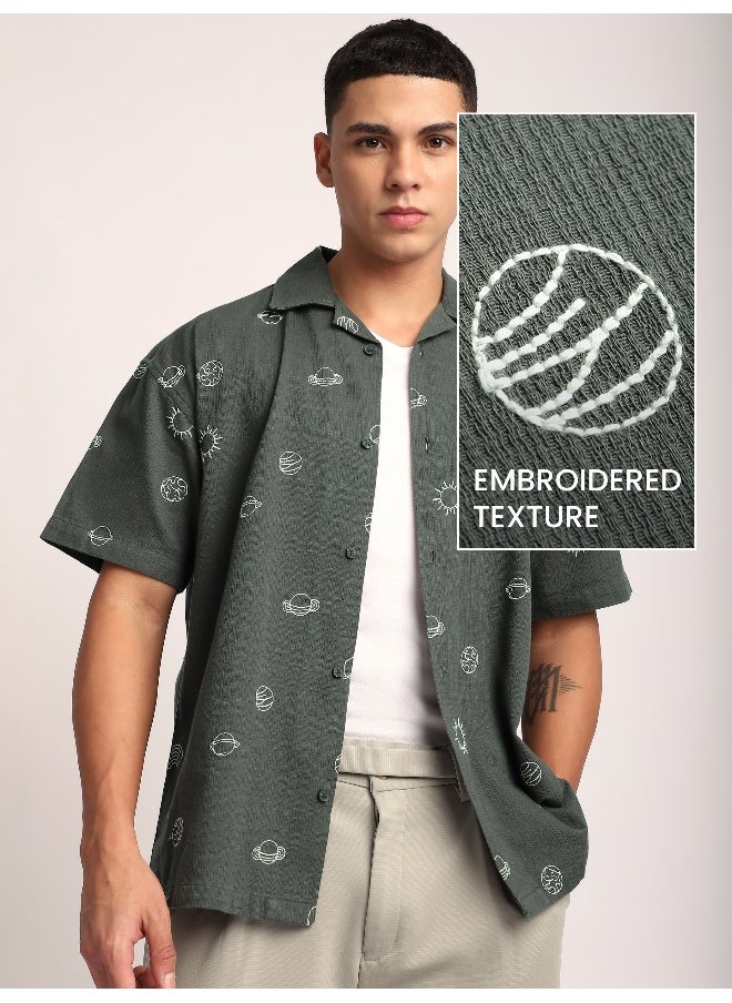 Beyoung - Grey Galaxy Embroidered Half Sleeve Shirt - Image 1