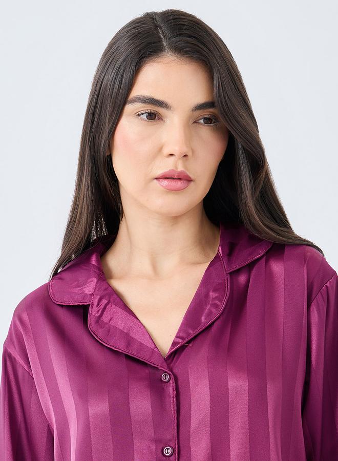 ستايلي طقم بيجامة وقميص مخطط ساتان جاكاردي مزين بحواف - Image 4