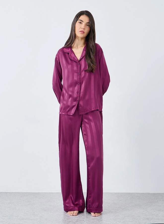 ستايلي Styli Satin Jacquard Striped Piped Shirt and Pyjama Set