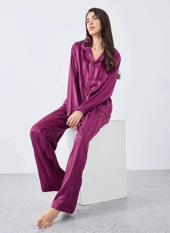 ستايلي Styli Satin Jacquard Striped Piped Shirt and Pyjama Set