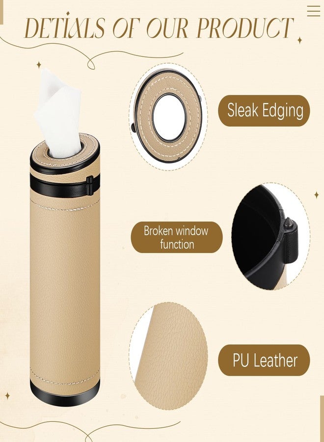 Singhoow 1 Pcs Car Tissues Cylinder Leather Round Container Car Tissues Holder with Tissue Paper with Window Breaker for Vehicle Bathroom Office(Beige) - Image 3