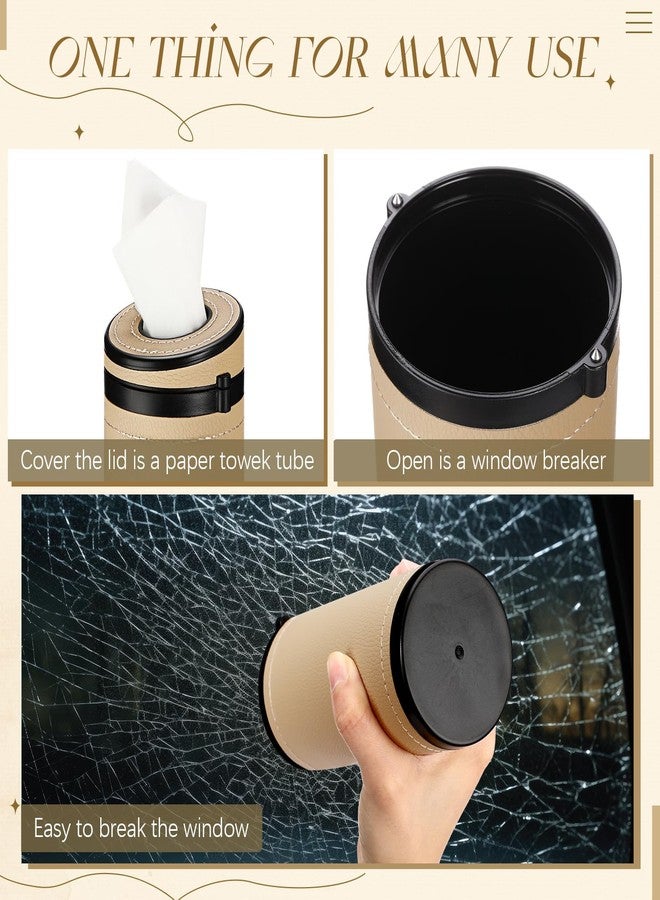 Singhoow 1 Pcs Car Tissues Cylinder Leather Round Container Car Tissues Holder with Tissue Paper with Window Breaker for Vehicle Bathroom Office(Beige) - Image 4