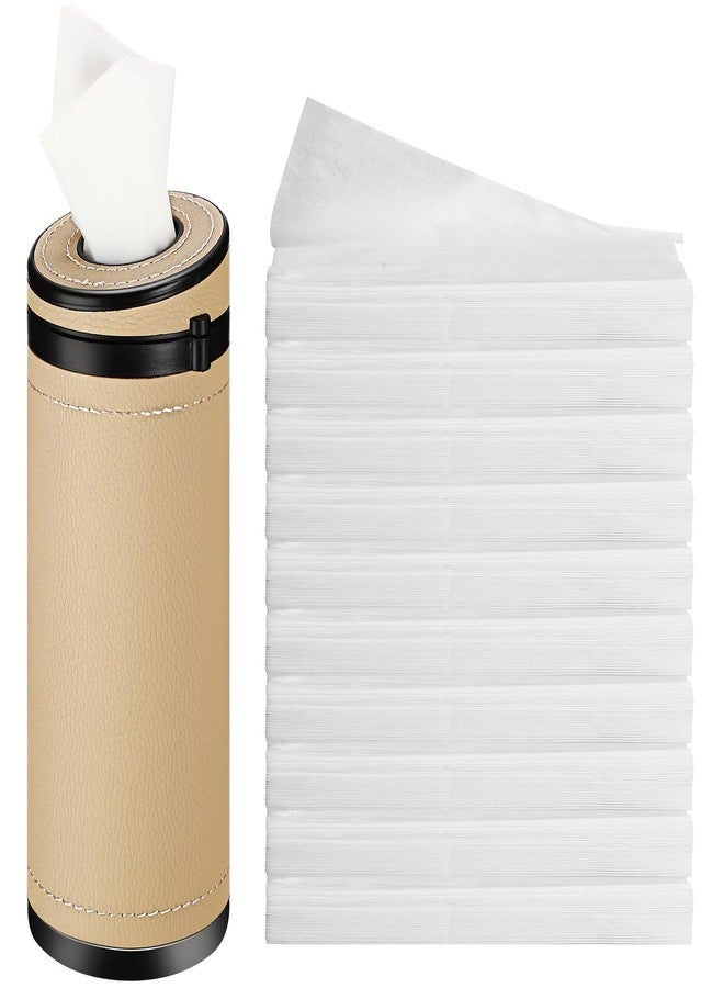 Singhoow 1 Pcs Car Tissues Cylinder Leather Round Container Car Tissues Holder with Tissue Paper with Window Breaker for Vehicle Bathroom Office(Beige) - Image 1
