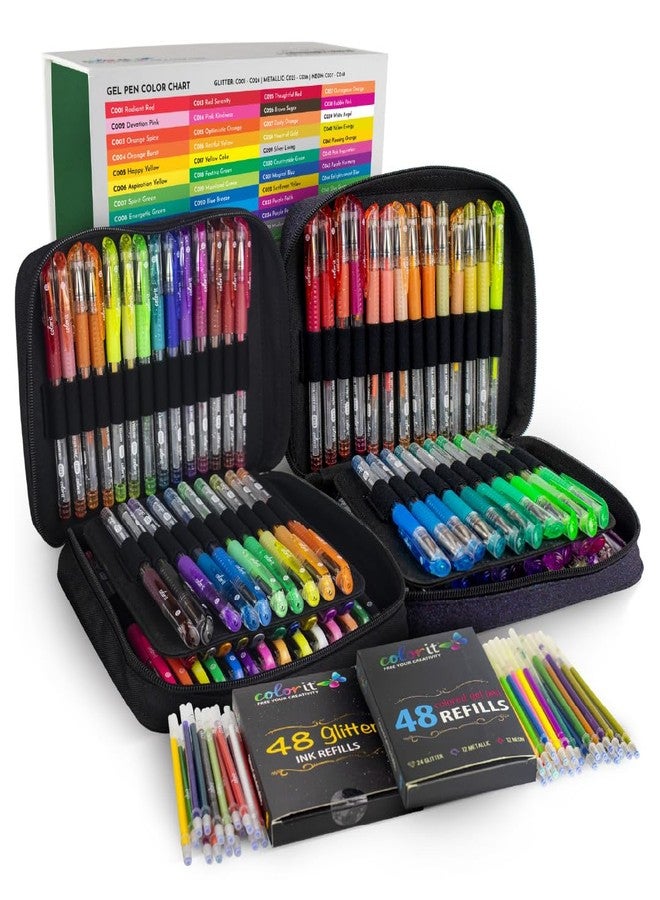 كولور إت مجموعة أقلام جل ColorIt للتلوين - عبوة من 192 قلمًا تتضمن 12 قلمًا معدنيًا، و12 قلمًا نيون، و72 قلمًا لامعًا - 96 عبوة إعادة تعبئة و2 حقيبة سفر - ألوان زاهية للكتابة، والتلوين، والمشاريع الإبداعية - Image 1