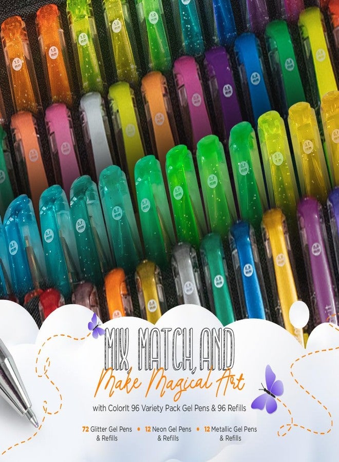 كولور إت مجموعة أقلام جل ColorIt للتلوين - عبوة من 192 قلمًا تتضمن 12 قلمًا معدنيًا، و12 قلمًا نيون، و72 قلمًا لامعًا - 96 عبوة إعادة تعبئة و2 حقيبة سفر - ألوان زاهية للكتابة، والتلوين، والمشاريع الإبداعية - Image 2