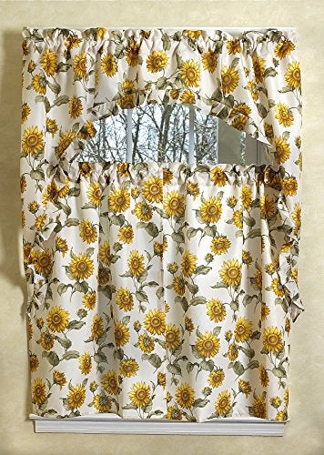 Violet Linen Classic Euro Sunflower 3 Piece Kitchen Curtain Set, with Large Sunflower Design - Image 5