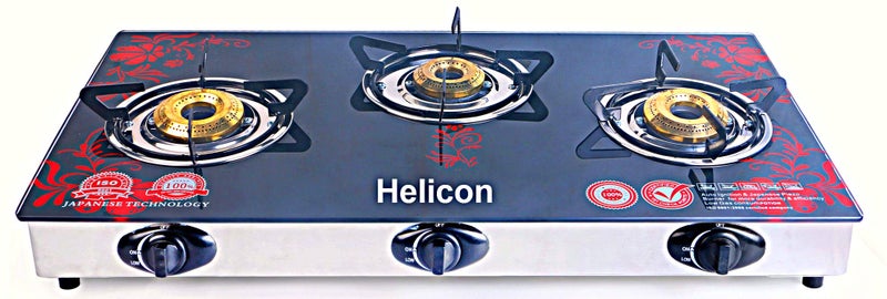 Helicon Premium Red & Black Glass 3 Burner Automatic Gas Stove Stainless Steel & Toughened Glass (Auto Ignition) _Full Size - Image 1