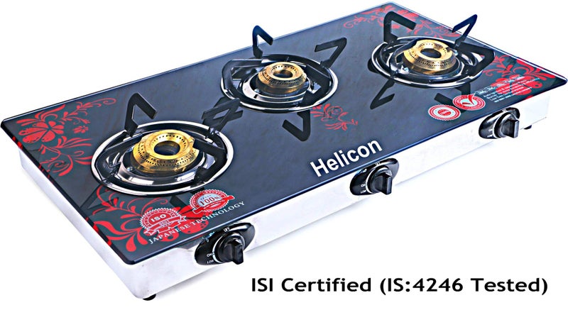 Helicon Premium Red & Black Glass 3 Burner Automatic Gas Stove Stainless Steel & Toughened Glass (Auto Ignition) _Full Size - Image 2