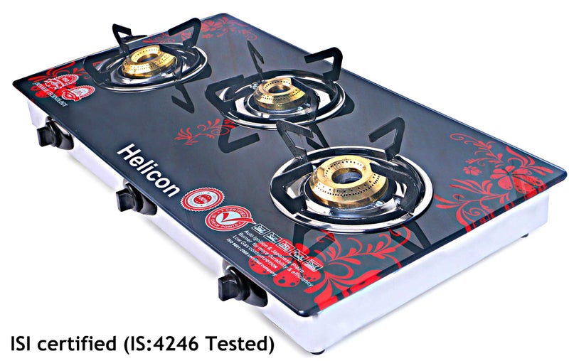 Helicon Premium Red & Black Glass 3 Burner Automatic Gas Stove Stainless Steel & Toughened Glass (Auto Ignition) _Full Size - Image 3