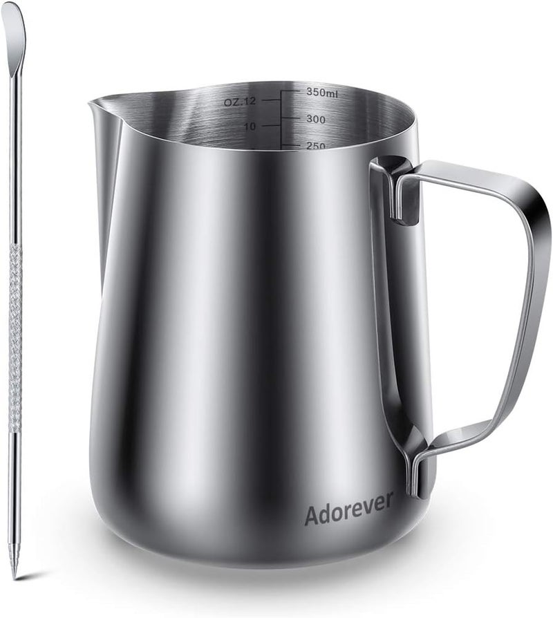 Adorever Milk Frothing Pitcher, Thicker Version 350ml 12oz Steaming Pitchers Stainless Steel Milk Coffee Cappuccino Latte Art Barista Steam Pitchers Milk Jug Cup with Decorating Pen Changing environment compatible - Image 1