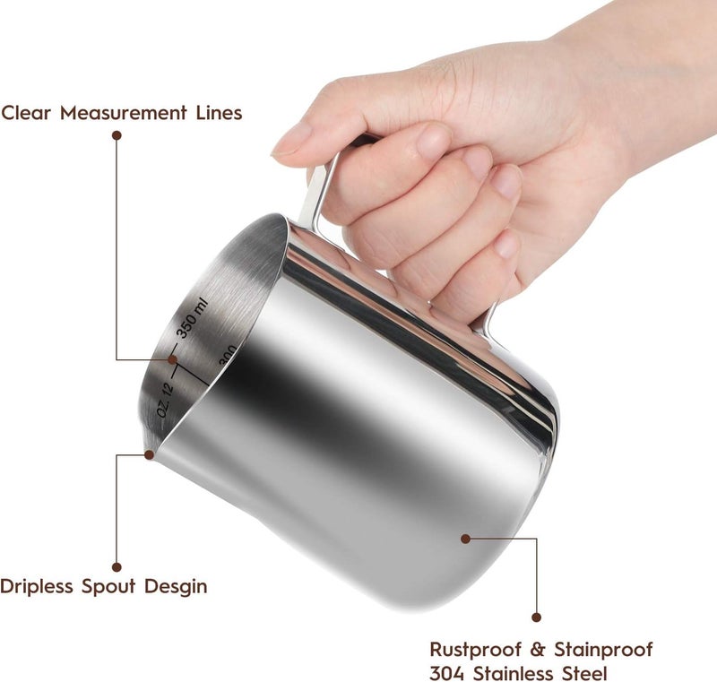 Adorever Milk Frothing Pitcher, Thicker Version 350ml 12oz Steaming Pitchers Stainless Steel Milk Coffee Cappuccino Latte Art Barista Steam Pitchers Milk Jug Cup with Decorating Pen Changing environment compatible - Image 2