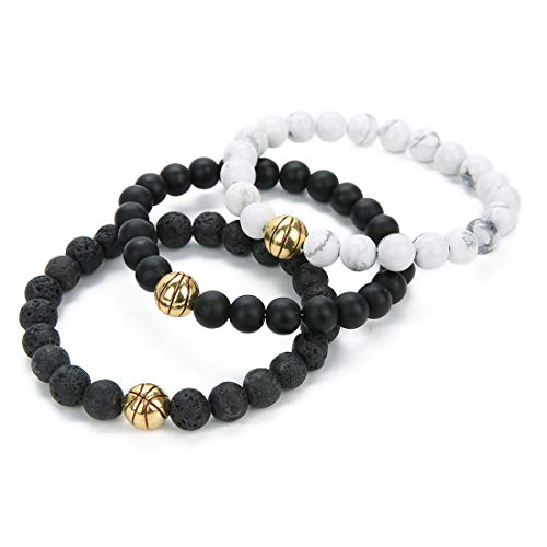 Linsoir beads Trendy Basketball Bracelet Men Beaded Stretchy Bracelet Lave Stone/White Turquoise/Matte Black Stone Beaded Bracelet Sports Jewelry for Basketball Lovers 1 pcs - Image 2