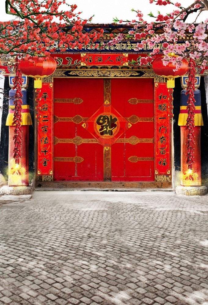 Chinese New Year 2023 BackdropYeele 5x7ft Spring Festival Background for Photography Couplets Firecrackers Front Door Backdrop Red Lanterns Theme Party Decoration Kids Adult Family Photo Shoot Prop