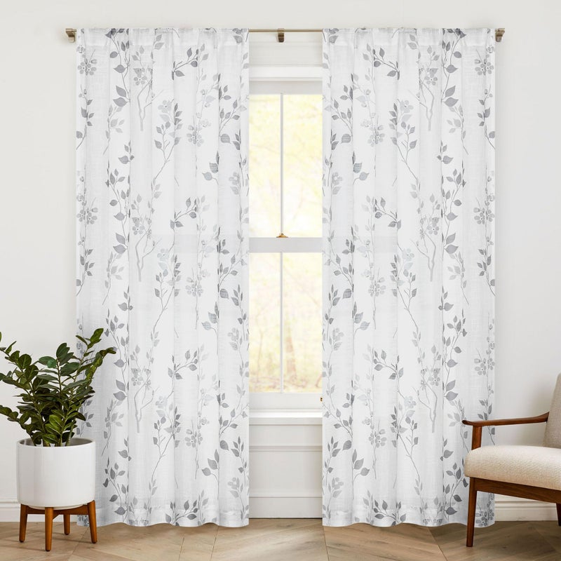 Beauoop Floral Linen Semi Sheer Curtains 96 Inches Long 2 Panels for Living Room Bedroom Grey Farmhouse Flower Patterned Light Filtering Textured Rod Pocket Window Treatments Drapes, 50x96 2 Set - Image 1